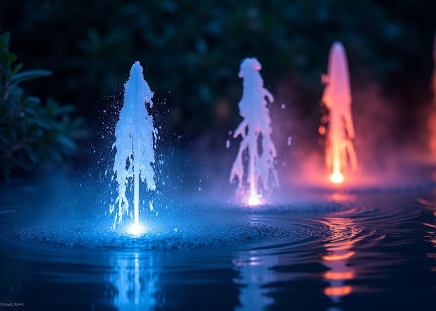 Iluminación LED exterior en características de agua nocturnas