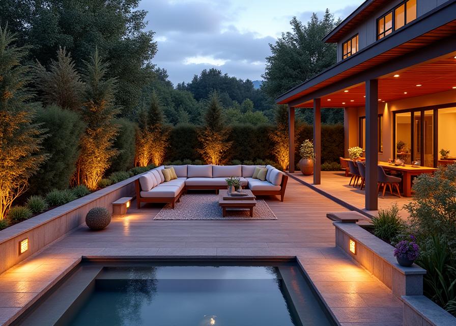 Terraza de vida exterior con agua e iluminación
